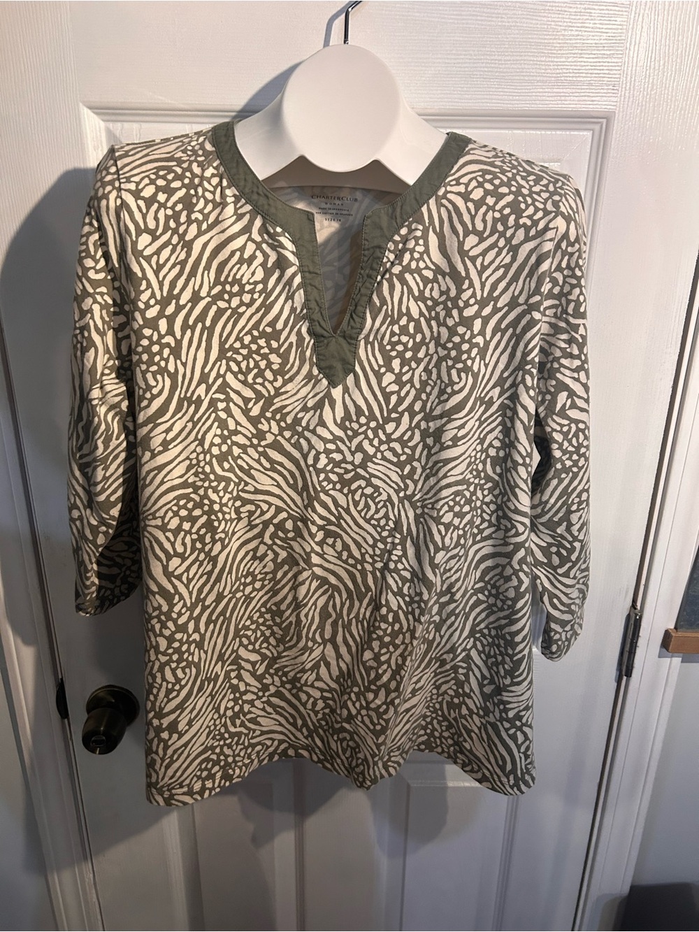 Charter Club Olive Green and Cream Printed Tunic Top